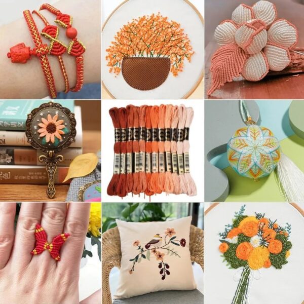 Collage de proyectos creativos realizados con hilos mouliné tonos tierra: pulseras, bordados y macramé.